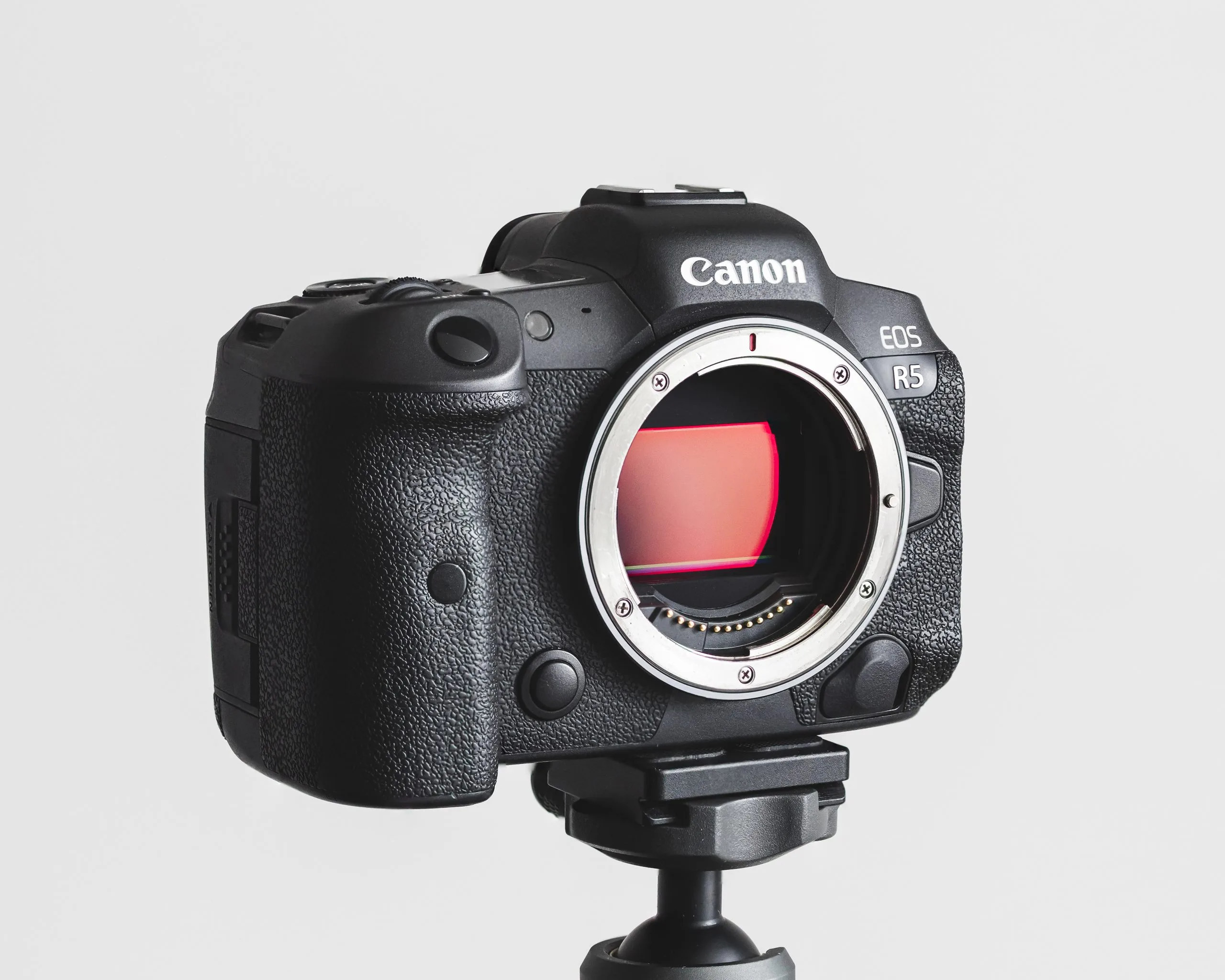 Canon R5 camera on a tripod in front of a white wall