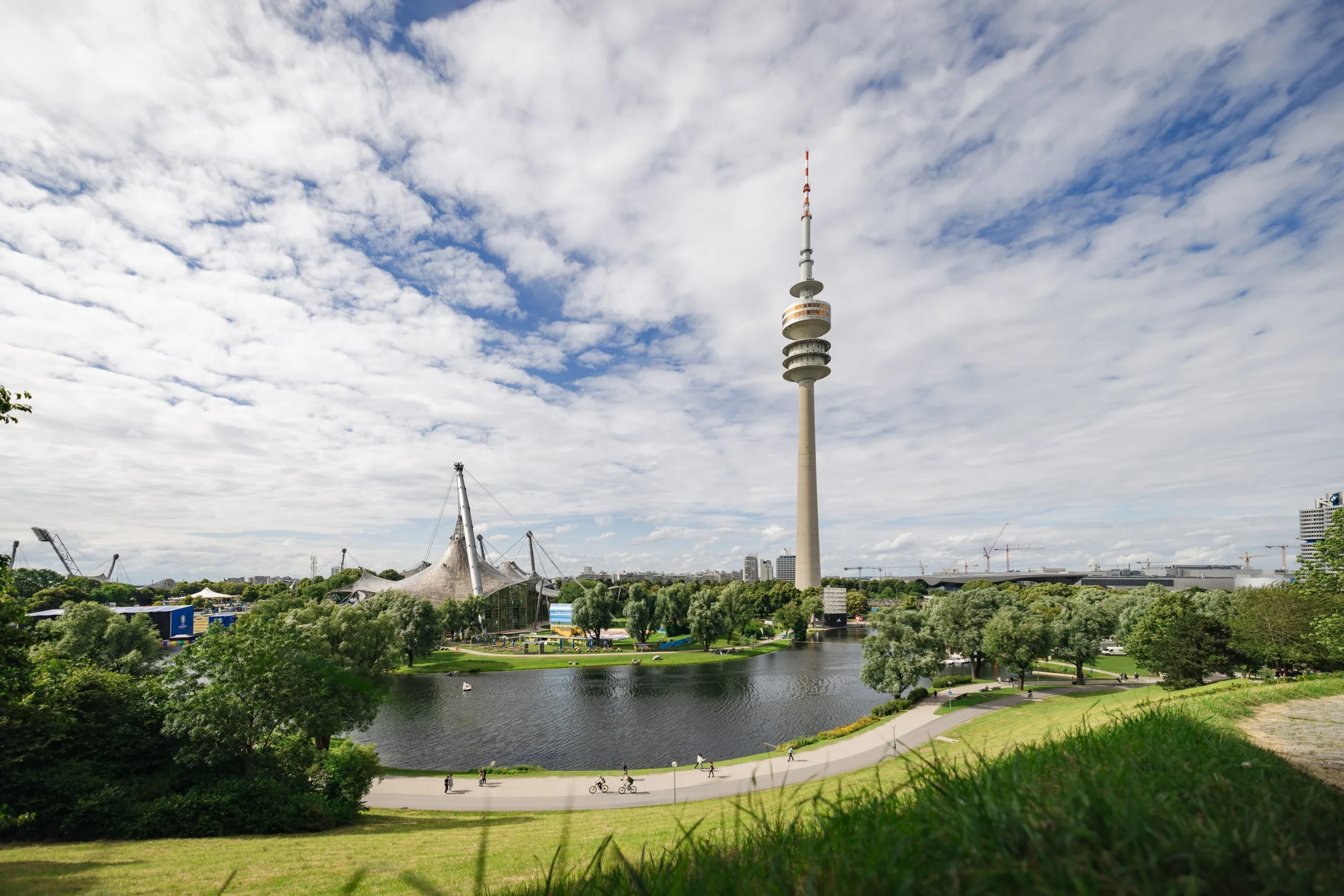 The Olympic Tower rising over the lake in Munich’s Olympiapark
