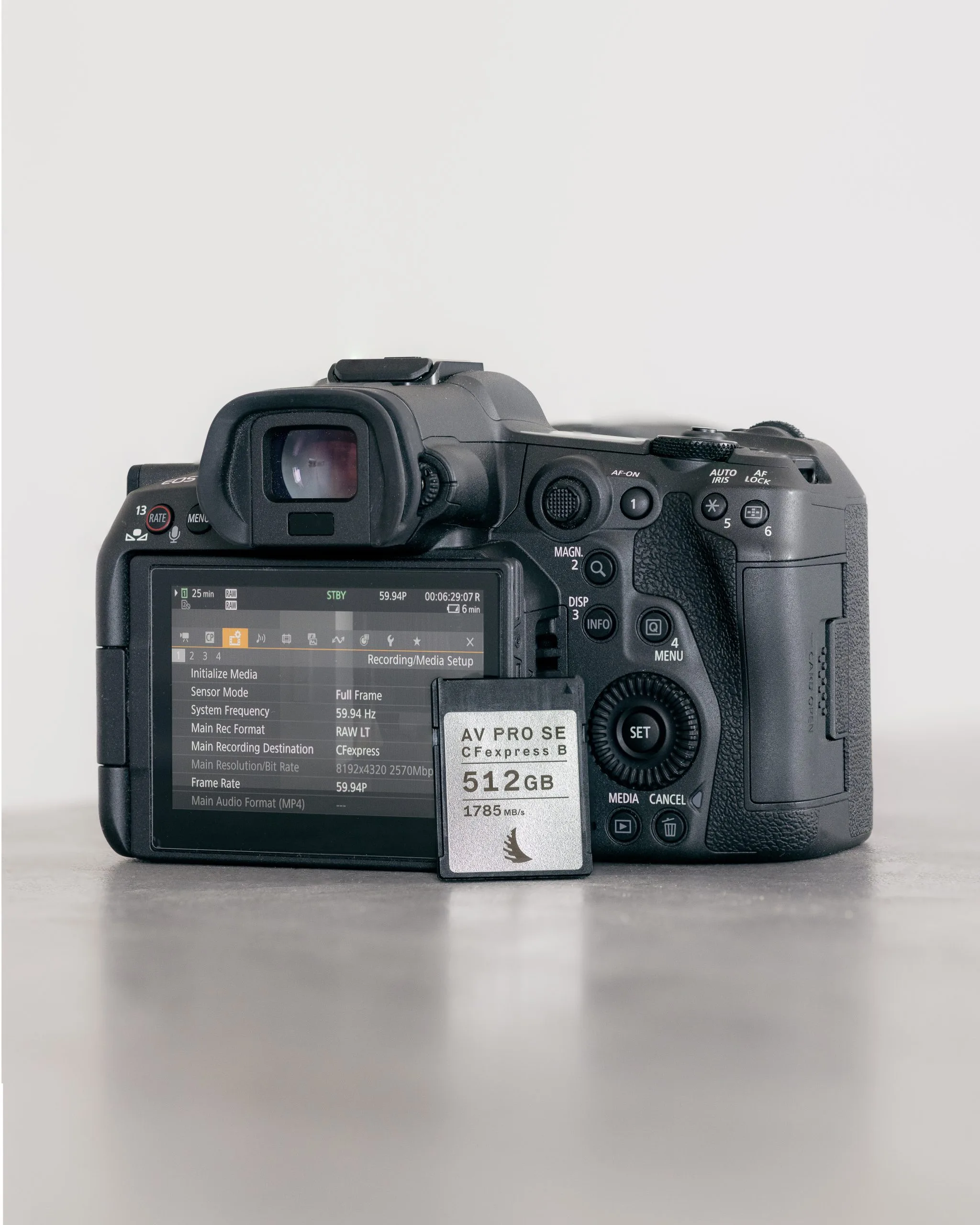 Angelbird CFexpress Type B 512 GB card in front of a Canon camera