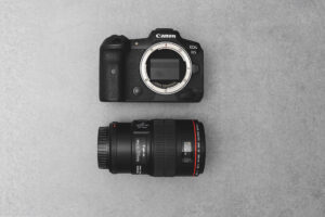 Flatlay of a Canon R5 and 100mm Macro lens