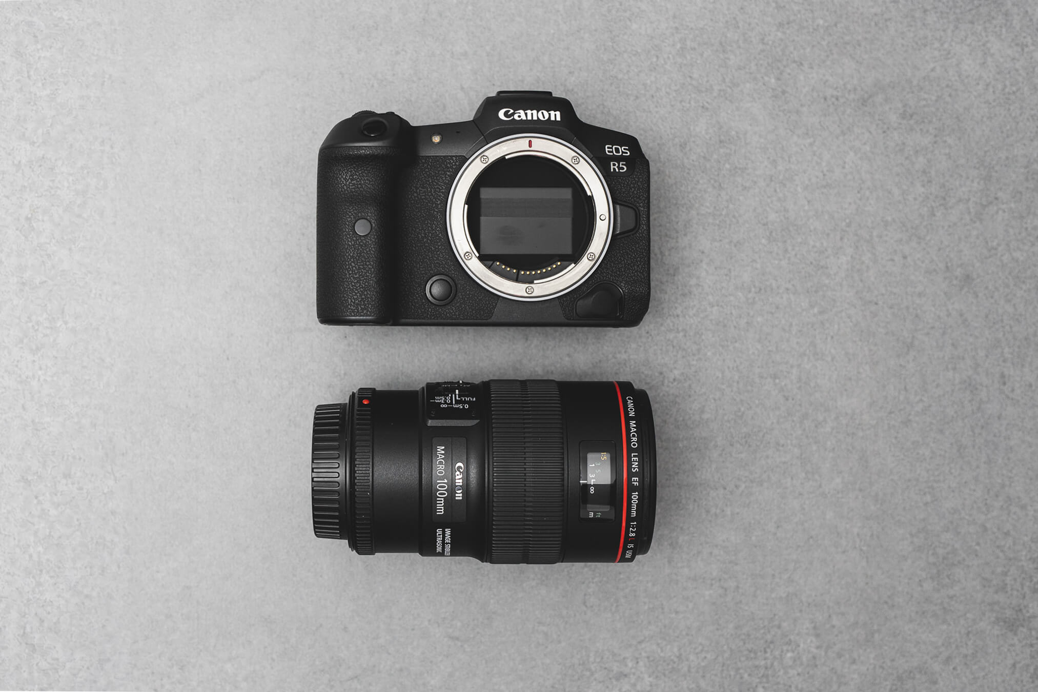 Flatlay of a Canon R5 and 100mm Macro lens